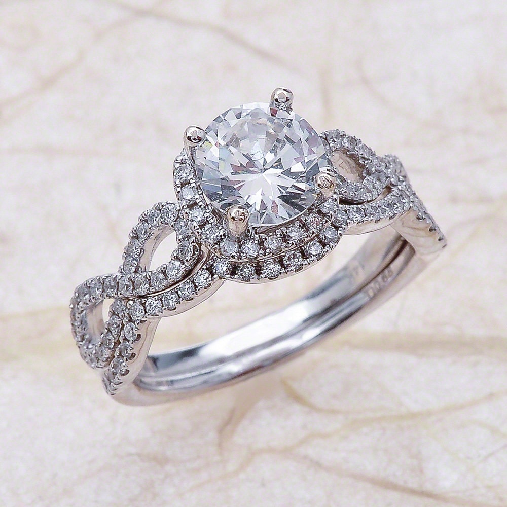 Round Moissanite Engagement Bridal Ring Set White Gold, Halo Ring, Set, Gold