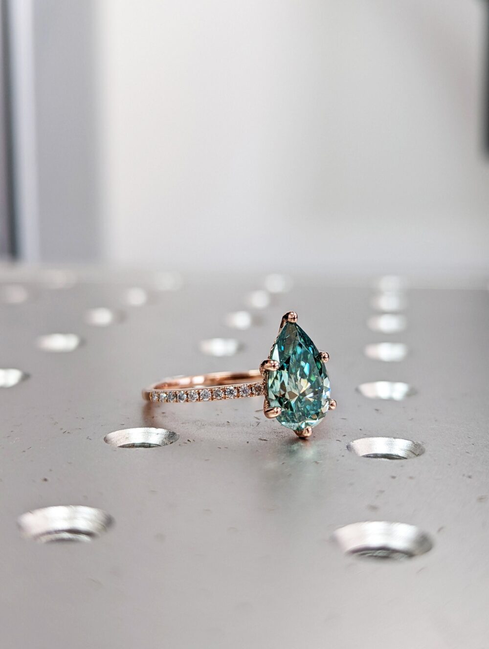 Colored Moissanite Engagement, Green Ring, Vintage Blue-Green Pear Engagement Ring, Color Hidden Halo Ring