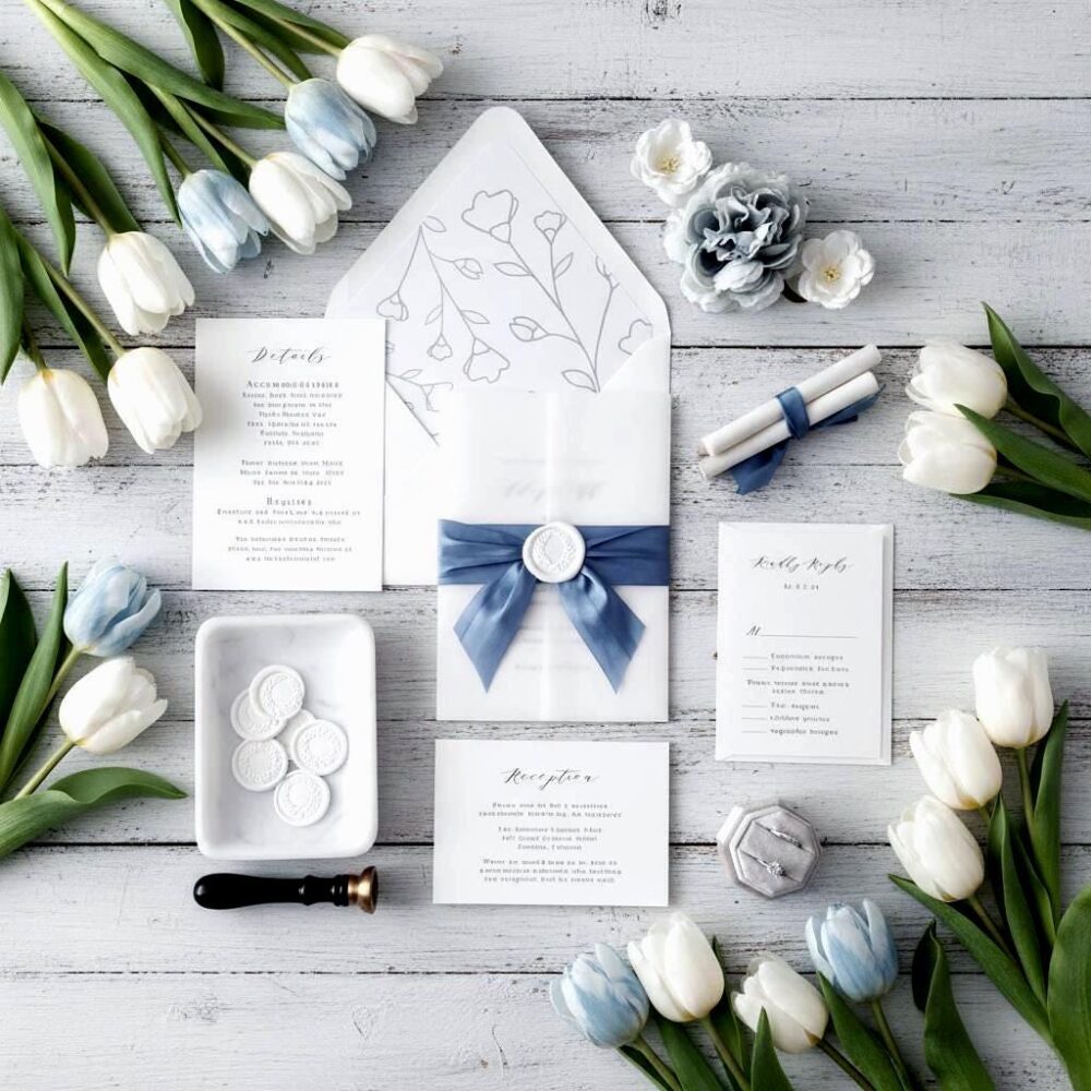 Blue White Wedding Invitation Suite Deposit Silk Ribbon Wax Seal Elegant Calligraphy Custom Invite