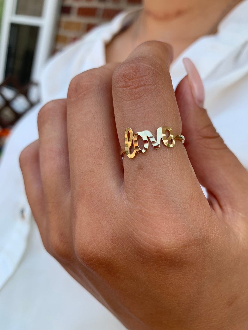 14K Solid Yellow Gold Love Ring, Cursive Love Word Ring, Romantic Jewelry Friendship Ring, Everyday Dainty Ring, Gift For Her, Sale