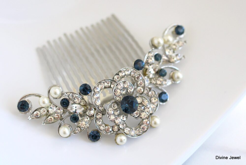 Wedding Hair Comb, Something Blue Rhinestone & Pearl, Bridal Headpiece, Dana