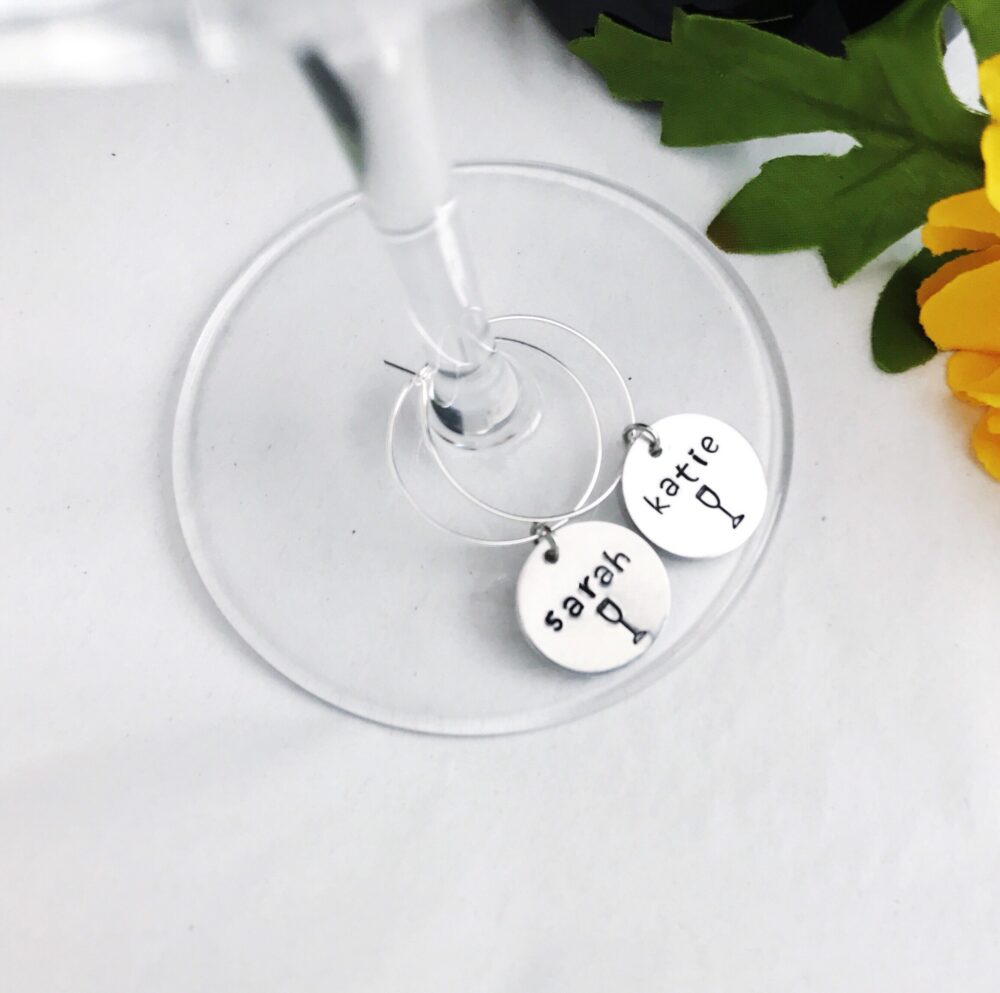 Hand Stamped Wine Glass Charms Personalized Bachelorette Party Favors
