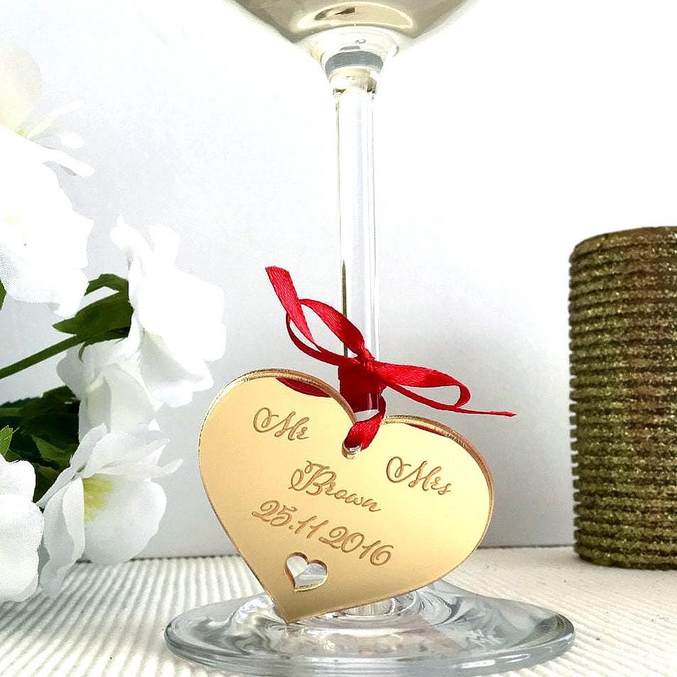 Custom Acrylic Wine Glass Charms - Personalized Engraved Hearts Save The Date Wedding Favors