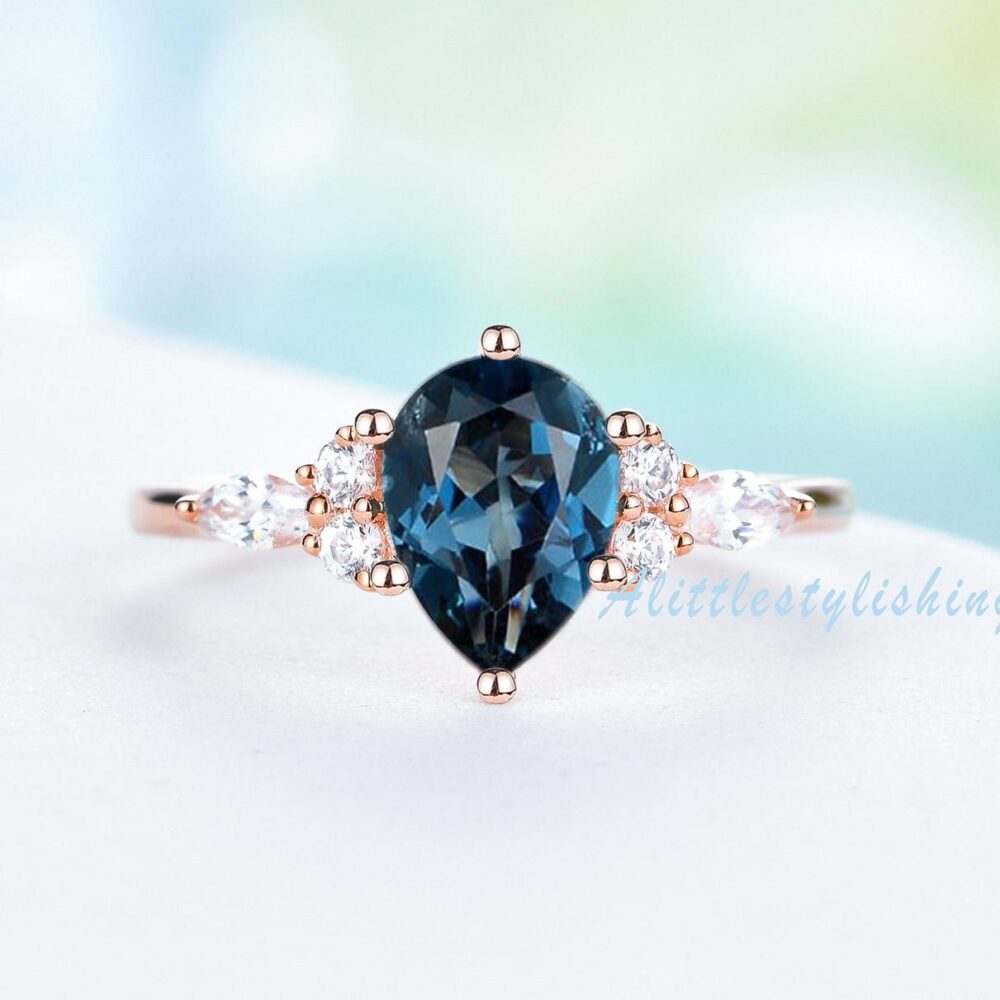 London Blue Topaz Engagement Ring 3 Stone Marquise Wedding Band Pear Cut Vintage Bridal Promise Anniversary 14K Gold