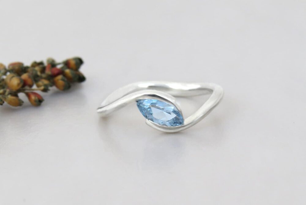 Sky Blue Topaz Engagement Ring, 14K White Gold Marquise Solitaire Alternative Gemstone