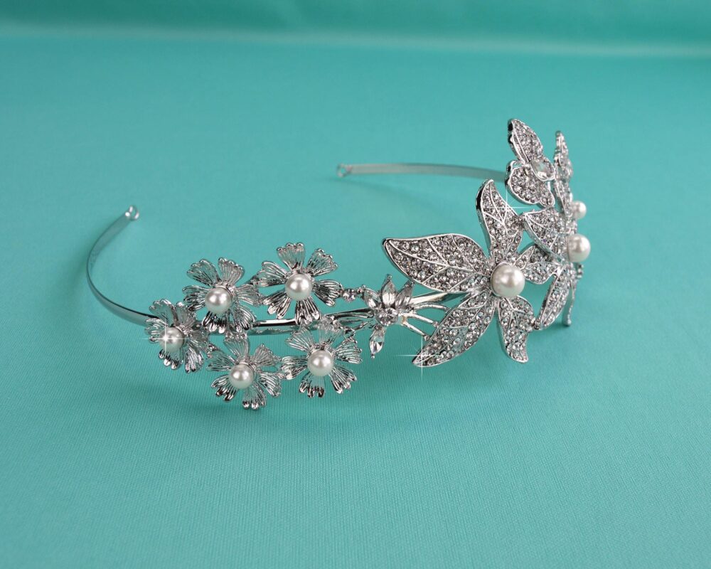 Clearance Crystal & White Pearl Bridal Headband, Silver Wedding Tiara, Rhinestone Crown, Headpiece, Hair Accessory Ti-027