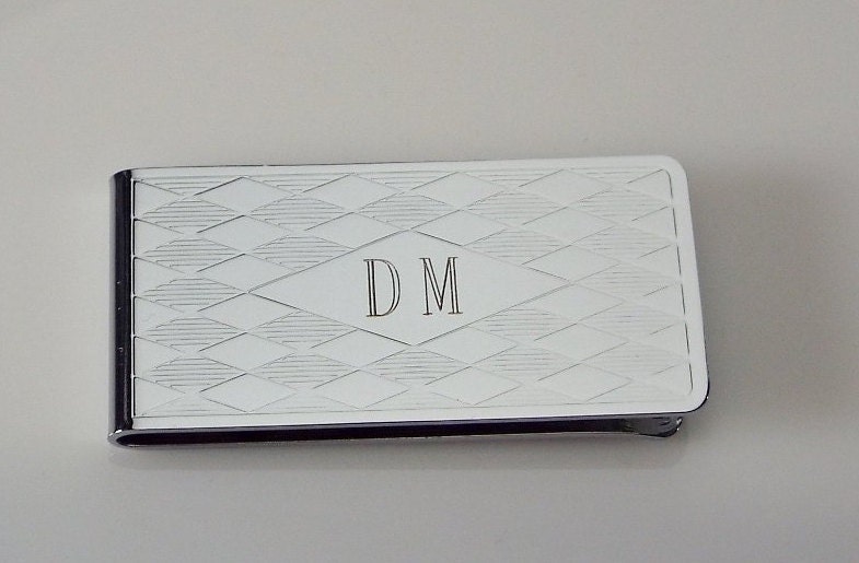 Custom Engraved Personalized Money Clip Chrome Plated With Diamond Pattern - Hand