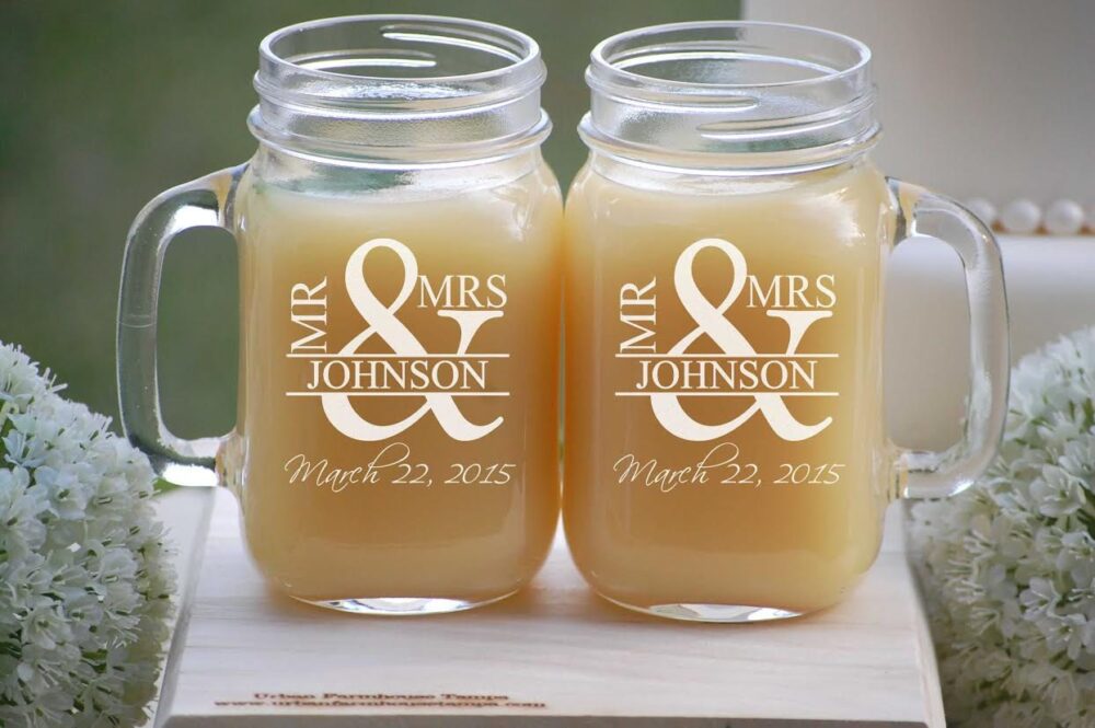 Personalized Mugs Wedding Gift/Mason Jar Couples Engagement Mr & Mrs Typography Engraved Glasses Reception Decor