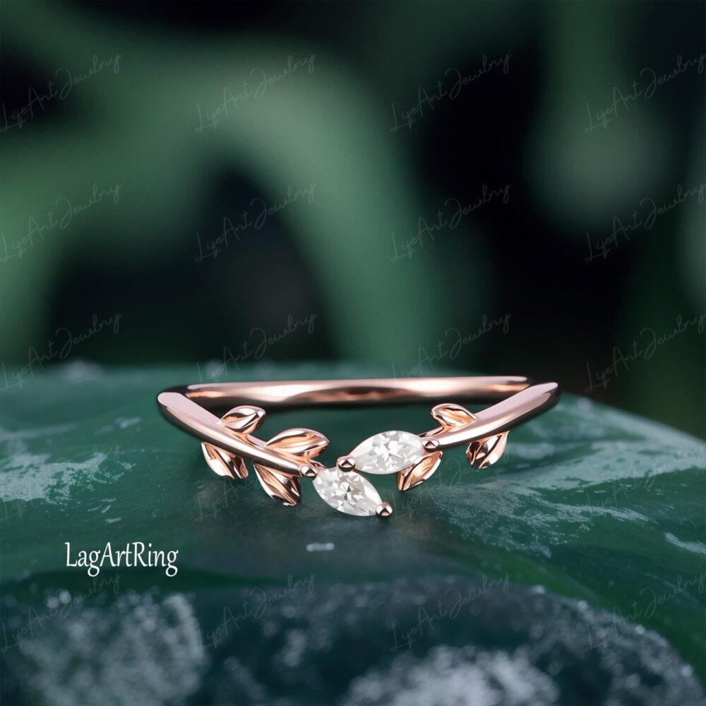 Unique Marquise Cut Moissanite Wedding Band Vintage Rose Gold Diamond Art Deco Leaf Stacking Anniversary Bridal Gift For Women
