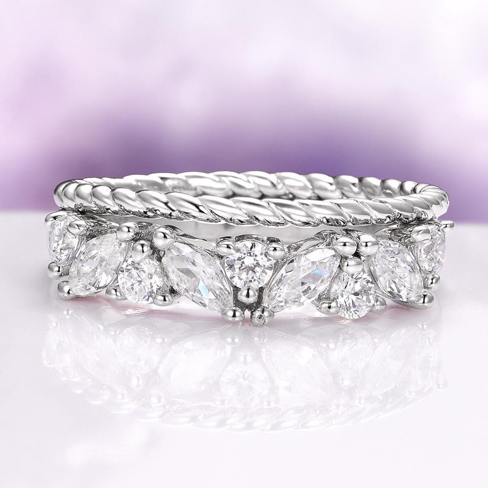 White Sapphire Wedding Band in 925 Sterling Silver - Unique Marquise Cut Stacking Ring Set - Diamond Engagement Or Promise Ring - Gift For Her