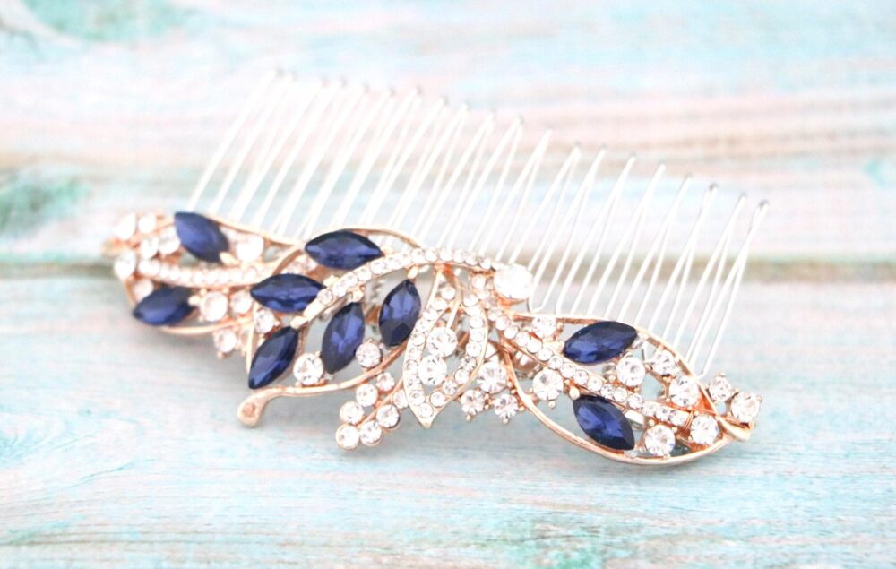 Silver Wedding Hair Comb Sapphire Blue Crystal Bridal Headpiece Navy Rhinestone Hair Comb Rose Gold Clip Piece