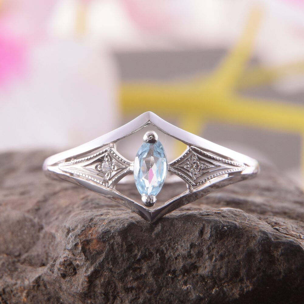 14K Solid White Gold Art Deco Sky Topaz Promise Ring For Her, Unique Dainty Antique Style Womens Engagement Ring, Vintage