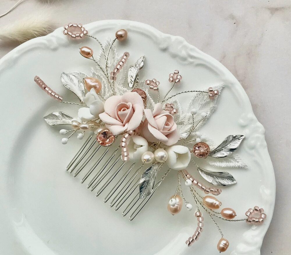 Bridal Hair Comb, Blush Pink Rose With Lace Bridal Headpiece, Wedding Accessories, Flower Hairpiece, Pearl Mother Of The Bride