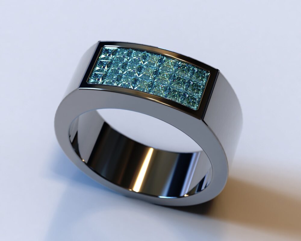 Unique Wedding Band/Mens Diamond Ring Invisible Setting Blue Black Gold