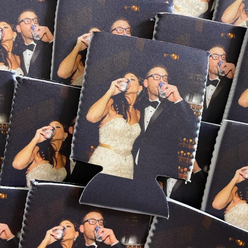 Custom Photo Can Coolers, Wedding Personalized Favors, Bride Groom Koozie, Party Favor Coolers