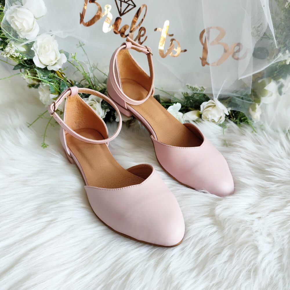 Dusty Pink Bridal Flats, Blush Leather Women Wedding Shoes, Ballerinas With Ankle Strap, Pointy Toe Women's Closed-Toe Sandals