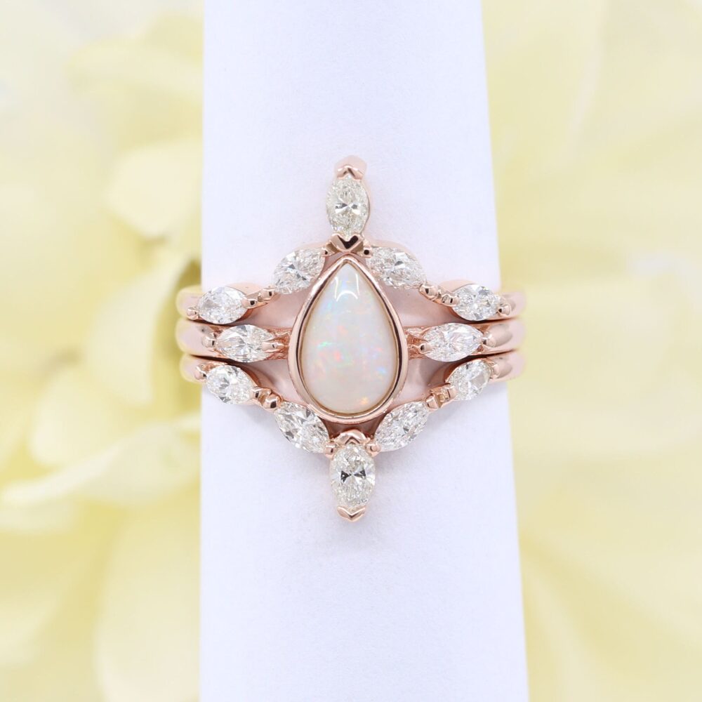 14K Opal Diamond Bridal Ring Set Pear Opal, Marquise Wedding Band