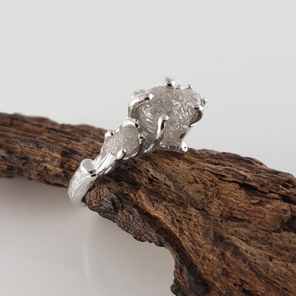 Three Raw Diamond White Gold Engagement Ring, Rough Wedding Bridal Set By Dawn