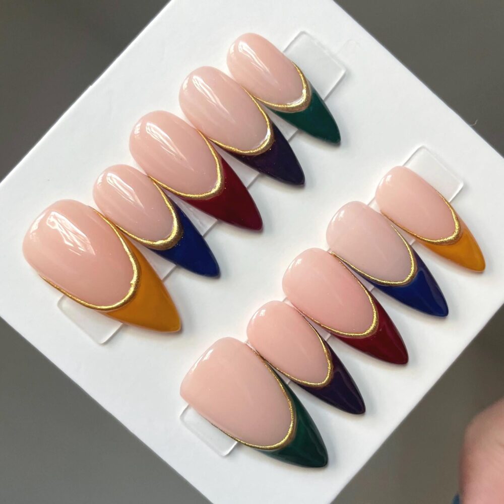 Custom Press On Nails Jewel Toned French Tip Gel Nails With 3D Gold Chrome Accent, Reusable Salon Qualitu Glue Nail Set