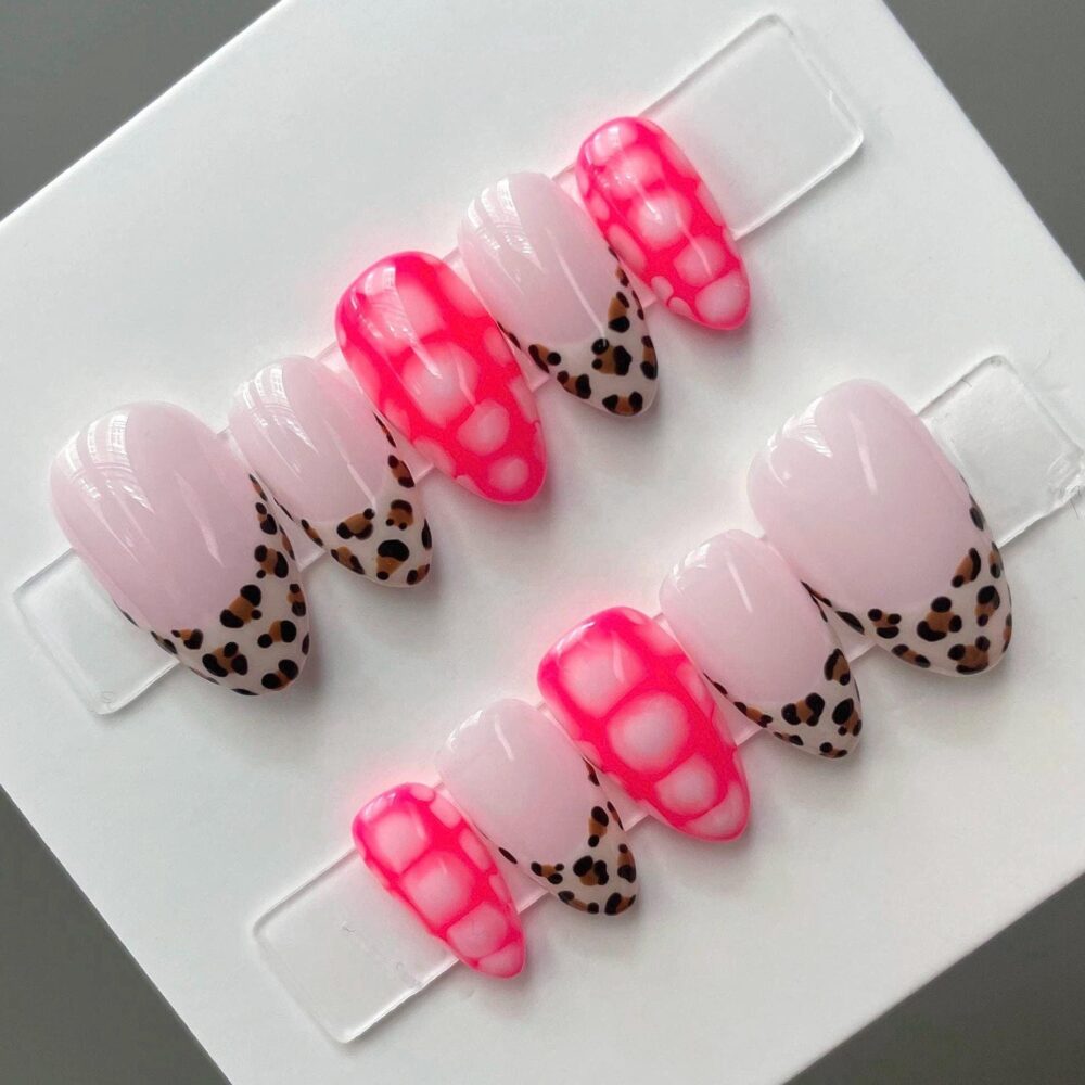 Custom Press On Nails Leopard Print & Neon Pink Croc French Tip Reusable Gel Nail Set, Glue On Girly Animal Y2K Nails