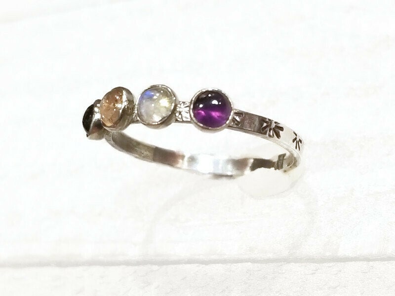 Birthstone, Sterling Silver, Personalized Mom Ring, Stars, Sunshine, Stamped Ring, Gift For Her, Gift Mom, Mother's Ring, Birthstone Ring