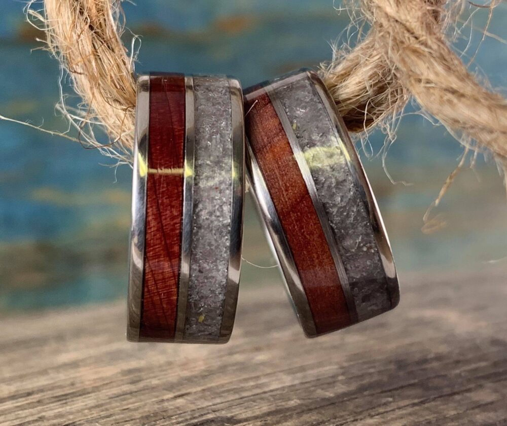 His & Her Titanium Wedding Band Set - Quartz Crystal & Wood Bands Couples Matching Rings