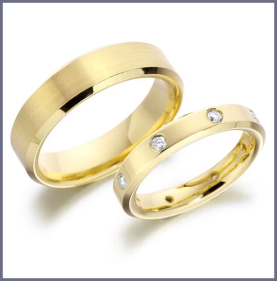 His & Hers Diamond Wedding Bands, Matching Rings Set 10K 14K 18K Yellow Gold Mens Womens