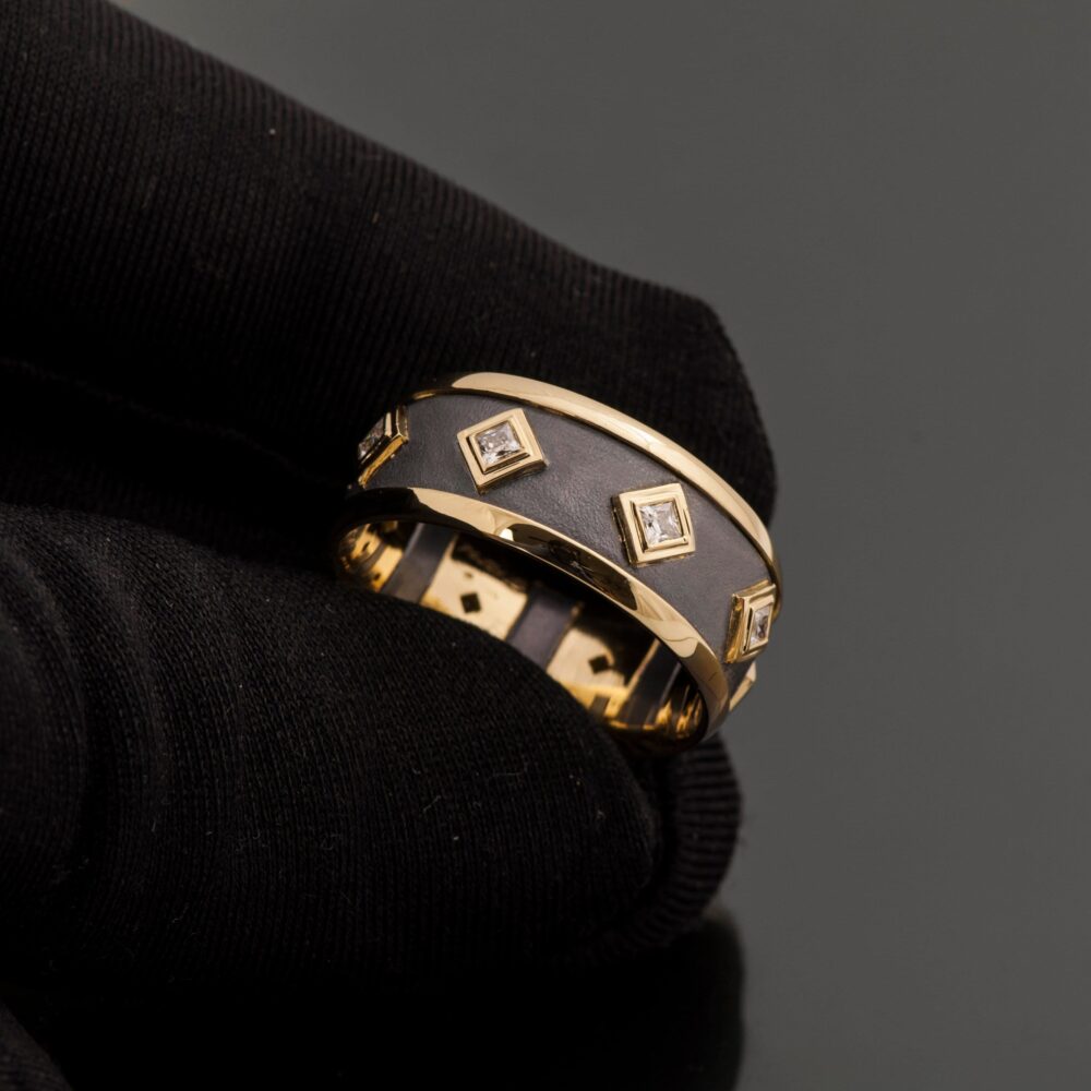 Black & 18K Gold Wide Men's Band Set With Princess Cut Diamonds