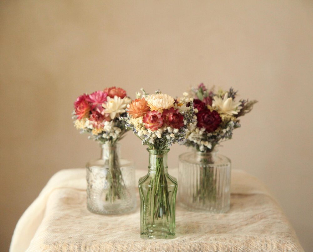 Dried Flower Bud Vase Bouquets in Vintage Style Perfume Bottles, Wedding & Mother's Day Florals