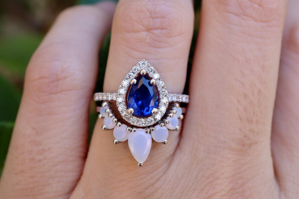 Teardrop Blue Sapphire 14K Gold Halo Ring With White Opal Enhancer Guard Band