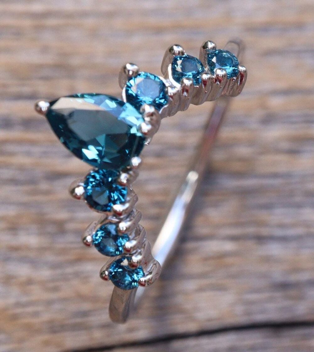 Dark Blue Topaz Curve Wedding Sterling Silver Enhancer Guard Band