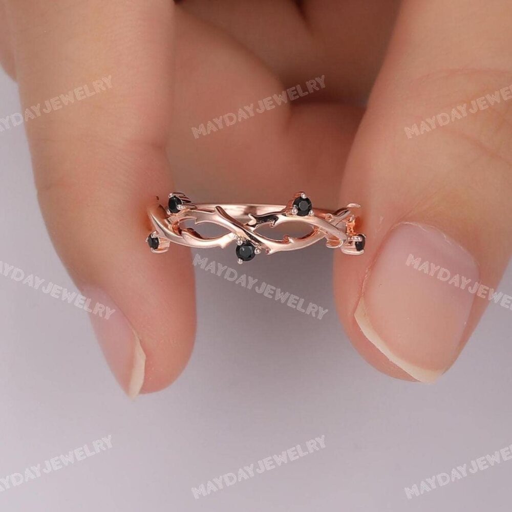 Branch Black Spinel Ring | Customizable Ladies' Enhancer Rose Gold Gemstone Wedding Band Natural Guard