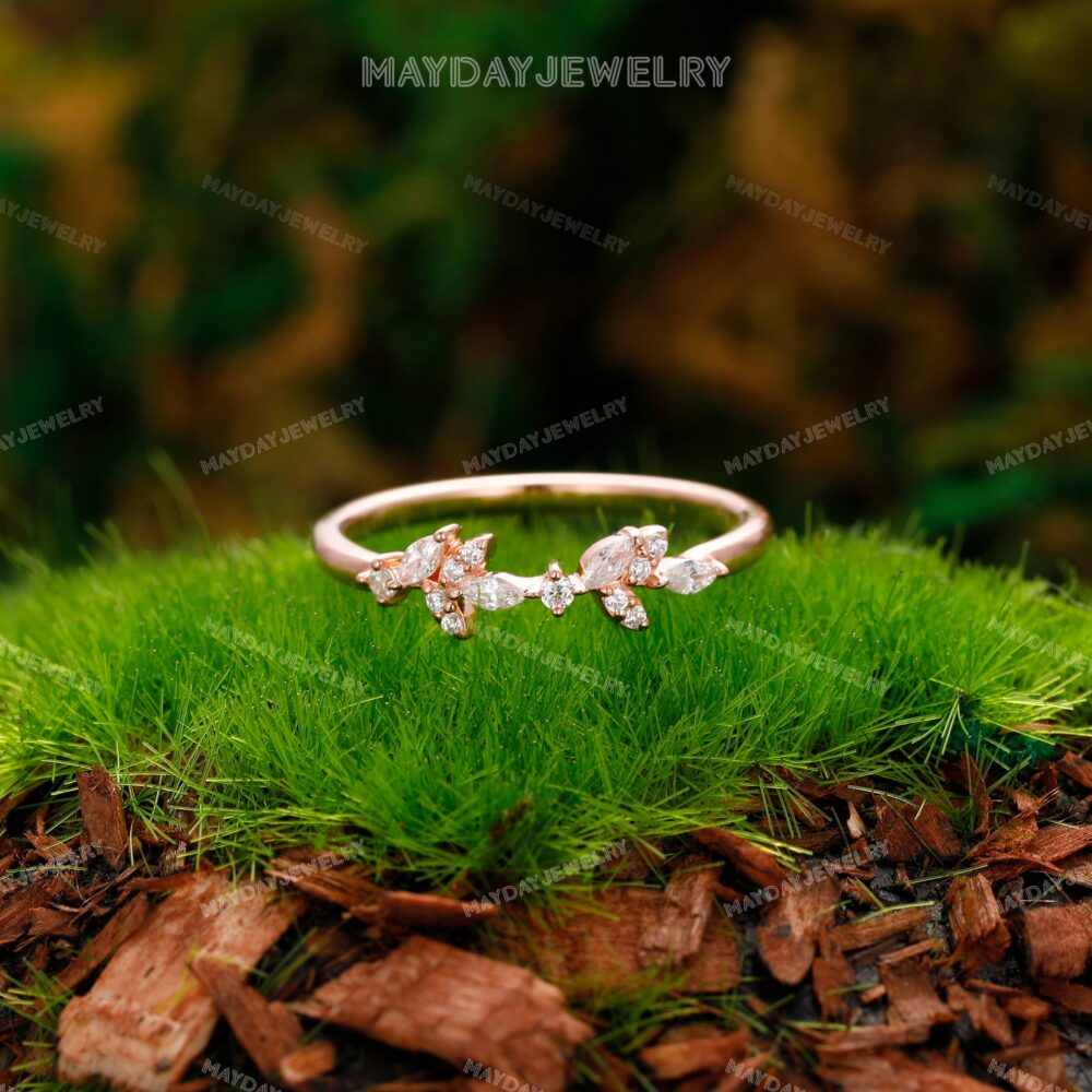Vintage Moissanite Wedding Ring Band April Birthstone Daily Ringantique Diamond Enhancer Solid Gold Leaf Shape Design Guard