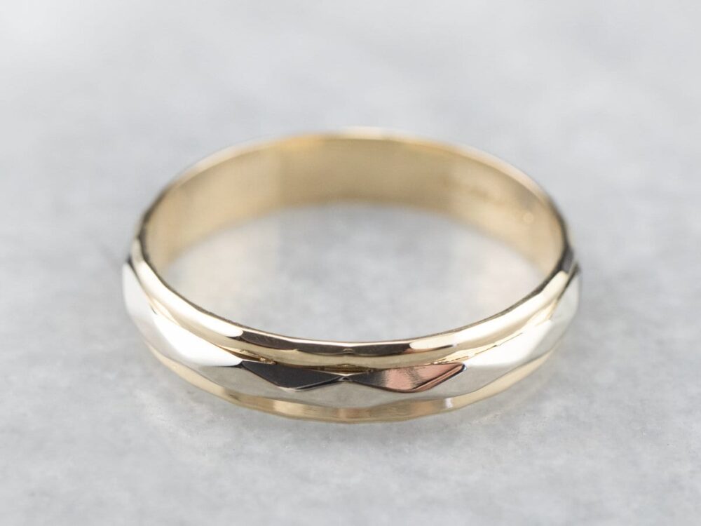 14K Two-Tone Gold Faceted Art Carved Wedding Band