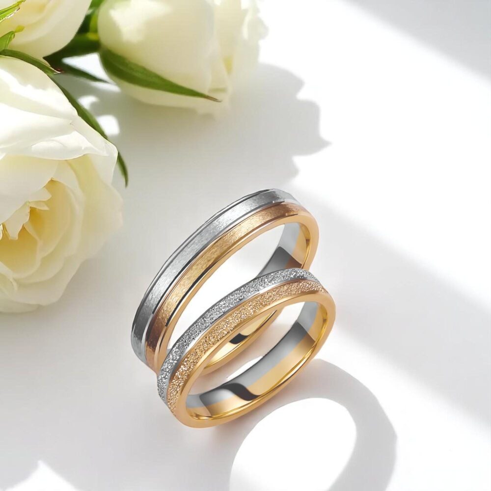 Two-Tone Solid Gold Wedding Band Set Diamond Cut & Brushed, Engravable