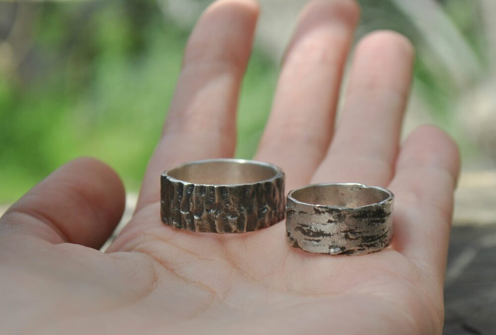 Birch & Maple Bark Wedding Bands, Custom Nature Inspired Silver Bands