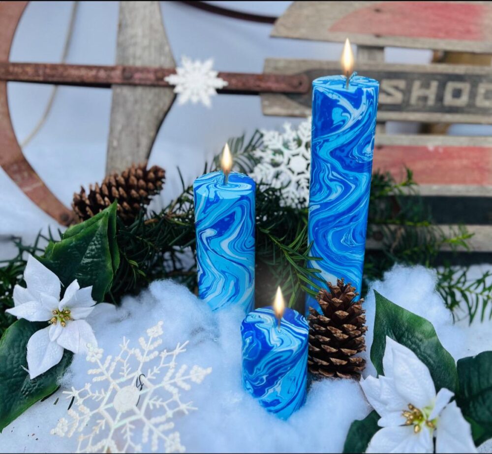Marbled Pillar Candle Winter Swirl Hand-Dip Dyed Festive Candlelight Holiday Home Decorating Gift Solstice Party Centerpiece Wedding Favor