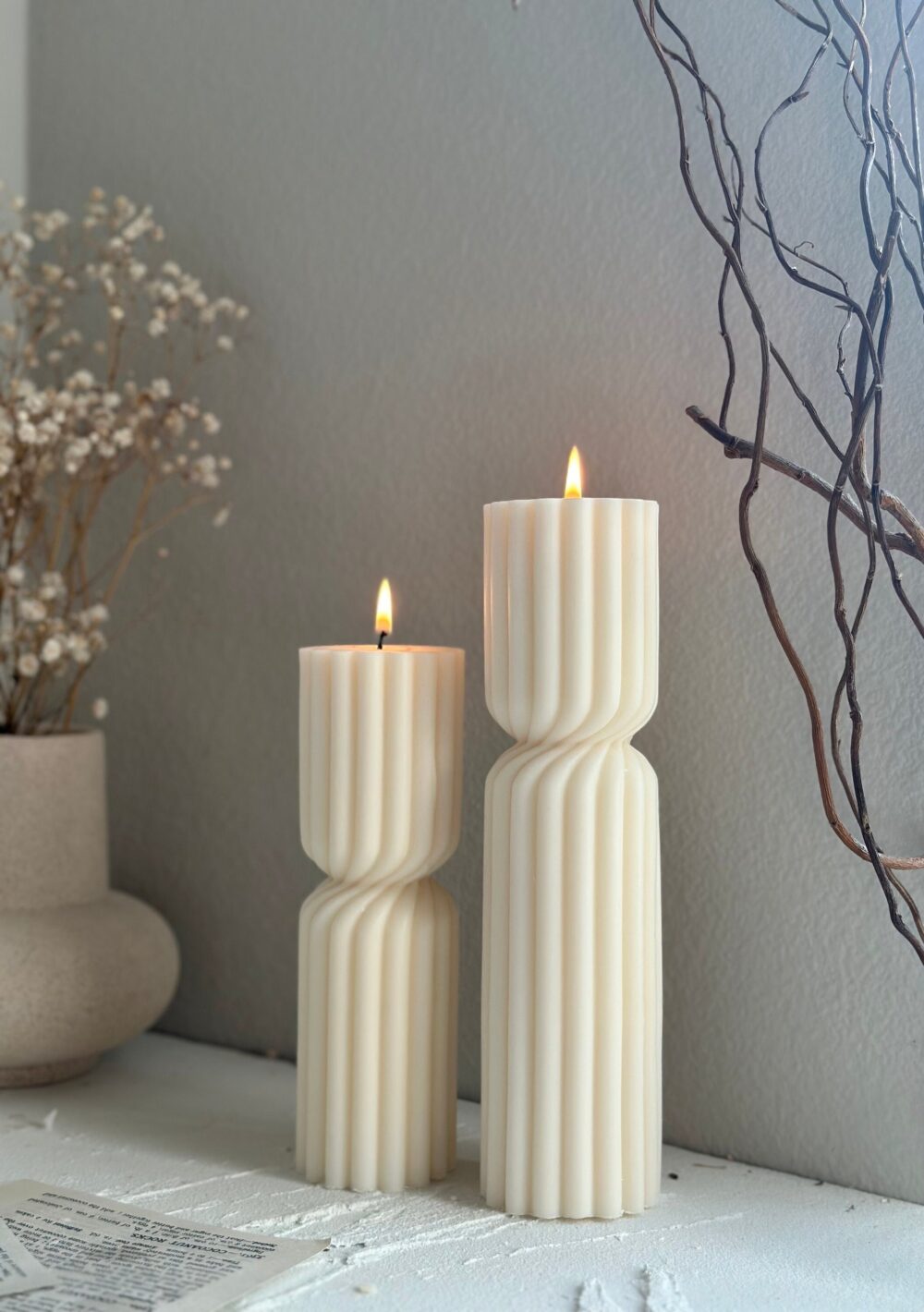 Tall Ribbed Pillar Candle Undyed Soy Wax Sculptural Candle