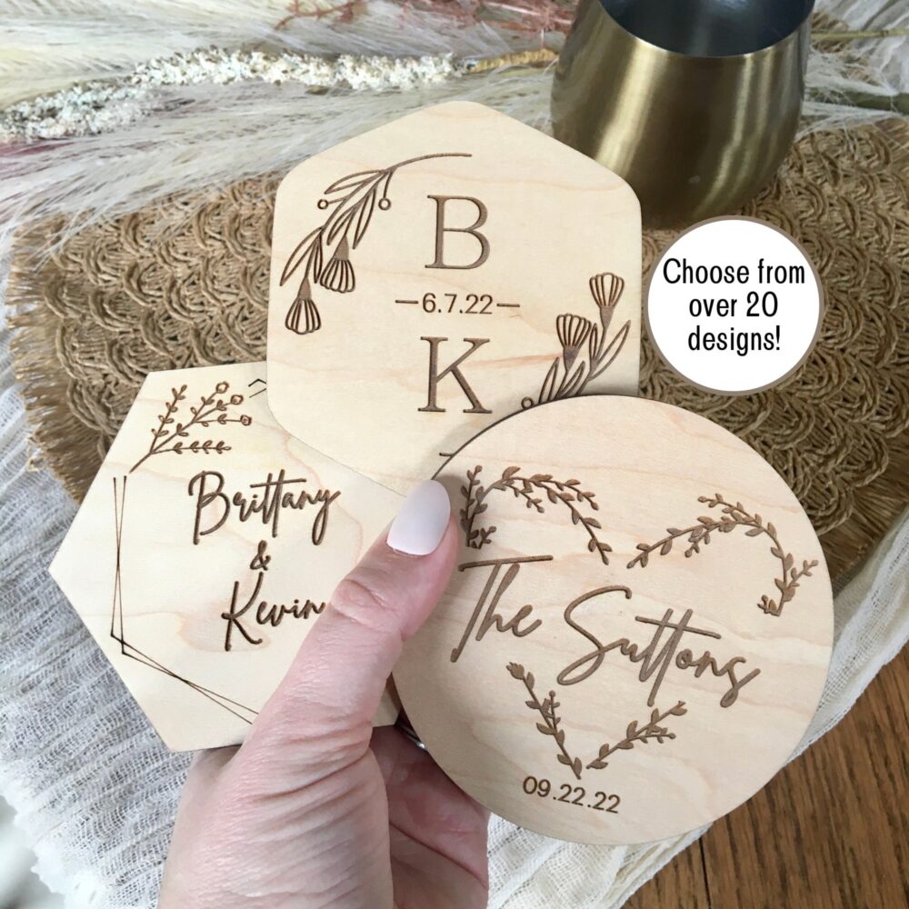 Custom Bulk Wedding Favors, Personalized Wooden Coaster Set, Monogram Coasters, Boho Party Gift, Bridal Shower Gift