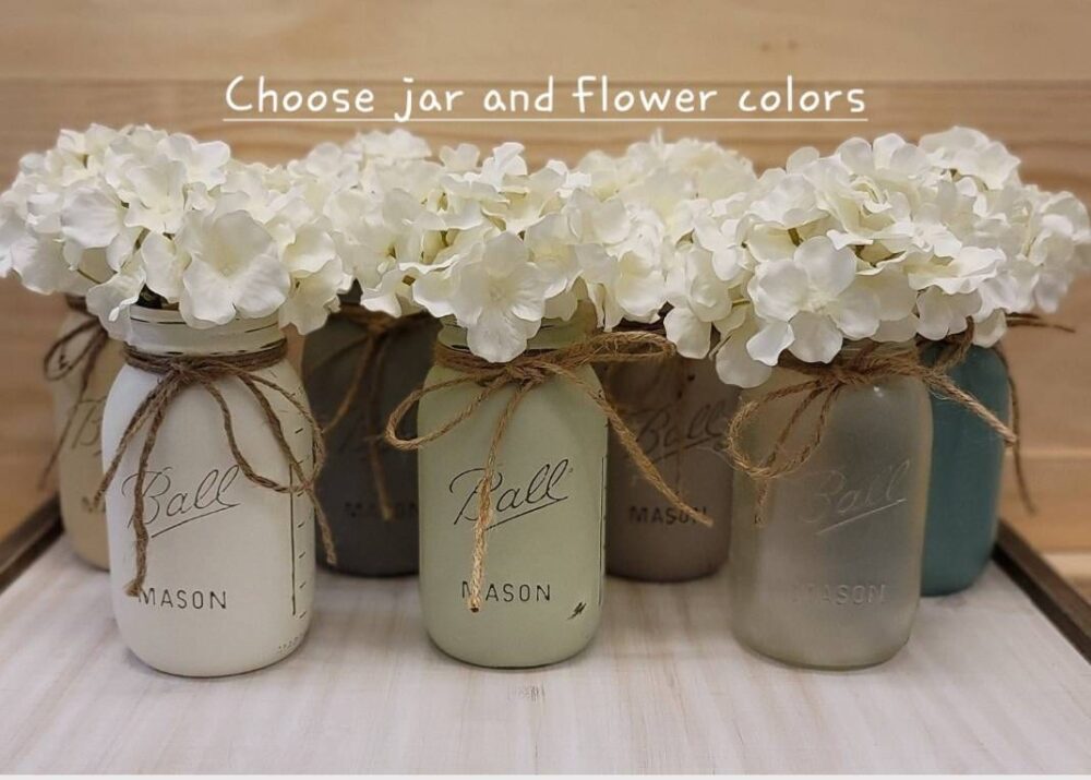 Mason Jar Centerpiece, Painted Jar, Wedding Decor, Farmhouse Kitchen, Rustic Home Table Decor