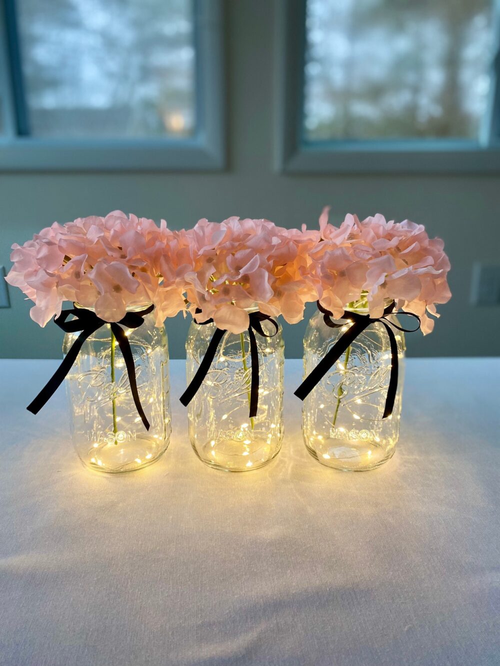 Fairy Light Mason Jar Centerpiece Rustic Wedding Decor, Set Of 3, Farmhouse Centerpiece, Gifts For Her, Mantel Decor