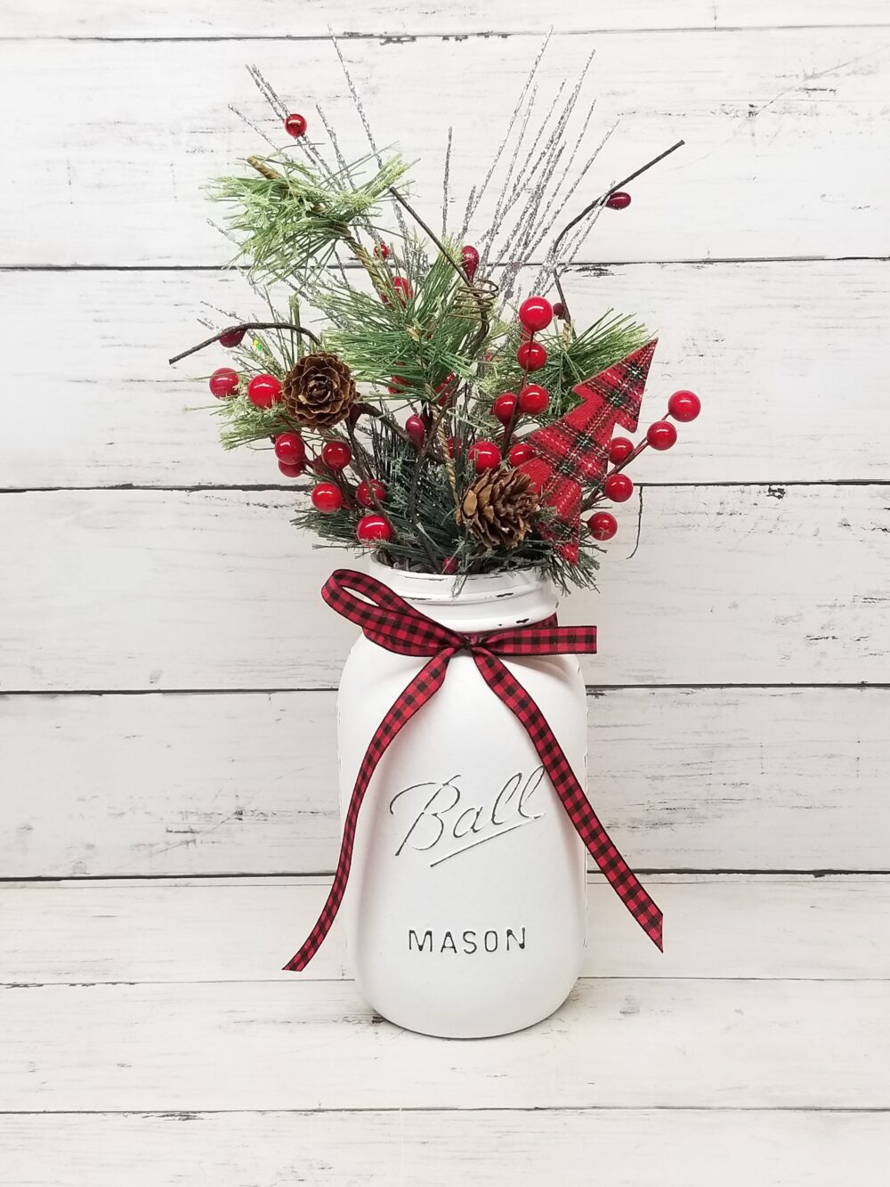 Rustic Christmas Mason Jar Centerpiece Buffalo Check Farmhouse Decor