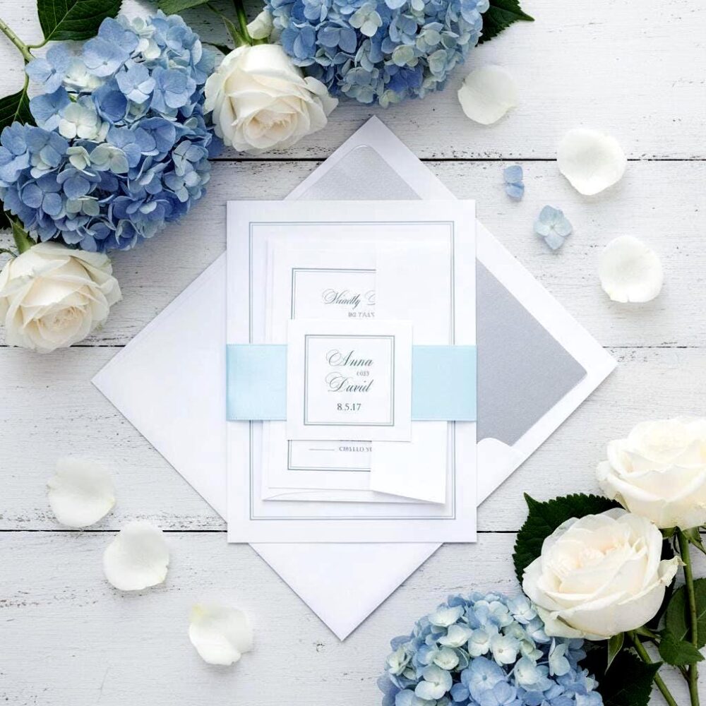 Baby Blue & Silver Wedding Invitation Suite Deposit Elegant Minimalist Invite