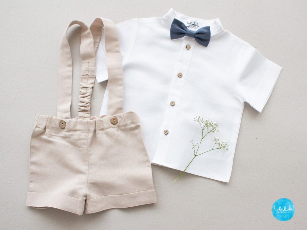 Baby Boy Wedding Outfit, Boys Suit, Baptism Page Flower Child Suit - 2Pcs Linen Outfit Beige Shorts With Suspenders + Bow Tie