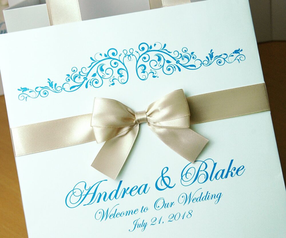 25 Wedding Welcome Bags With Champagne Satin Ribbon Handles, Bow & Turquoise Names, Elegant Personalized Wedding Favor For Guests