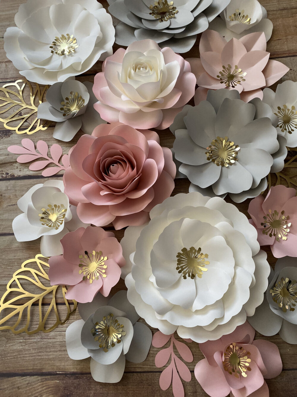 17 Pieces Set Of Paper Flowers Grey, Blush & White, Wall Decor, Nursery Flowers, Baby Shower Decor