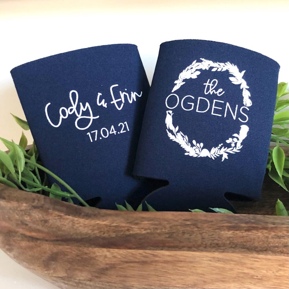 Spring Wedding Favors | Custom Can Coolers Reception For Guests Floral Greenery Stubby Holders Wreath