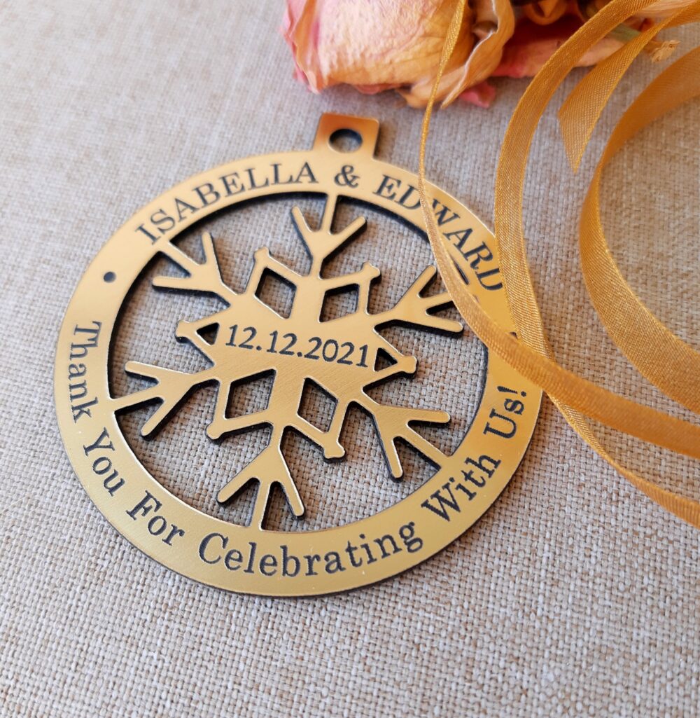 Snowflake Wedding Favor Ornaments, Winter Favors Made in Gold, Silver Or Copper Acrylic, Custom Snowflake