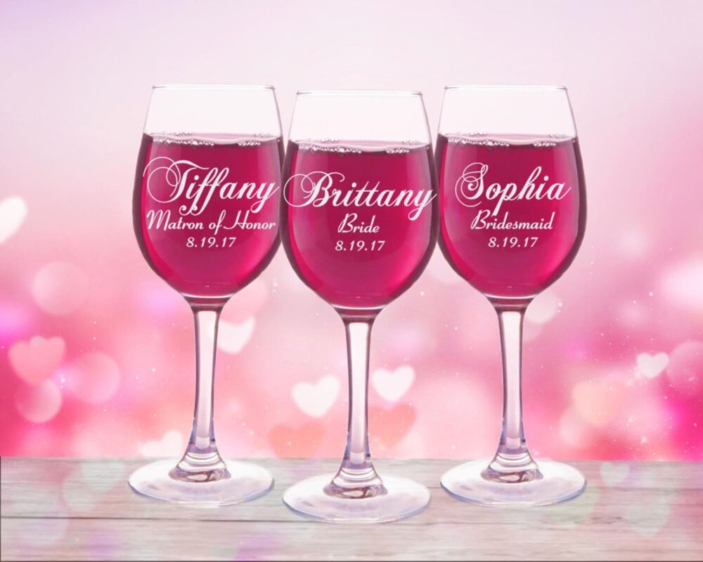 9 Personalized Wedding Party Favors, Wine Glasses, Custom Engraved Toasting Bridesmaid Gift, Bridal Glass