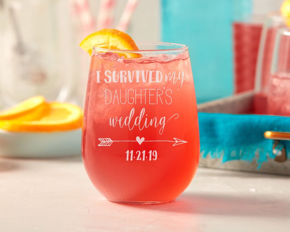 I Survived My Daughter's Wedding Wine Glass, Mother Of The Bride Stemless Gift, Custom Glass